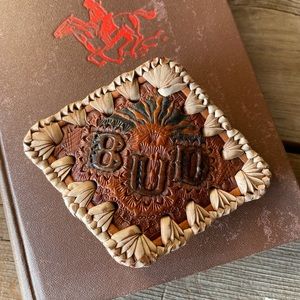 Gorgeous vintage handmade embossed leather belt buckle ‘BUD’